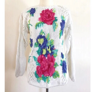 Vintage 90s Rose Sweater Sz M Cotton Ramie Floral Pink White Cottagecore